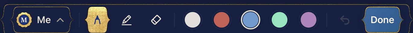 The pen's bar in Dark: the name of the person writing (Me), the pen, the highlighter and the eraser, five colours, and Done