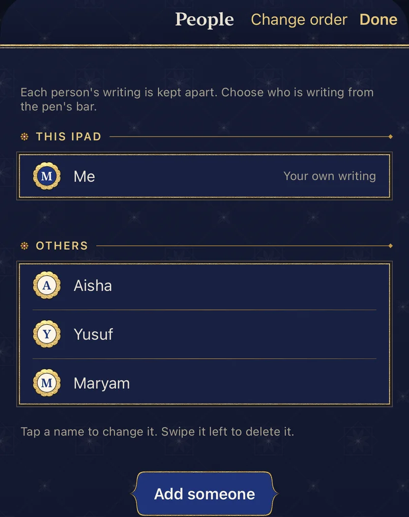 People in Dark: Me, and Aisha, Yusuf and Maryam under Others, and Add someone
