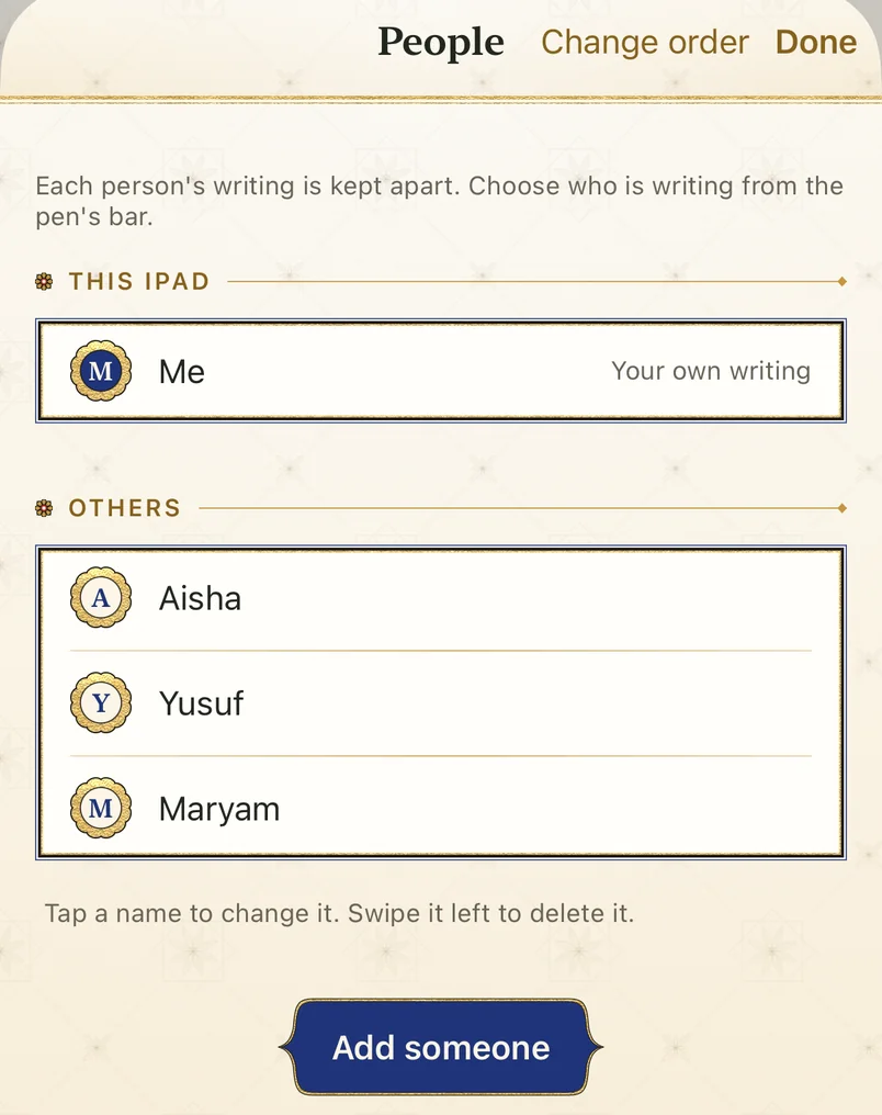 People: Me, and Aisha, Yusuf and Maryam under Others, each with their own writing, and Add someone