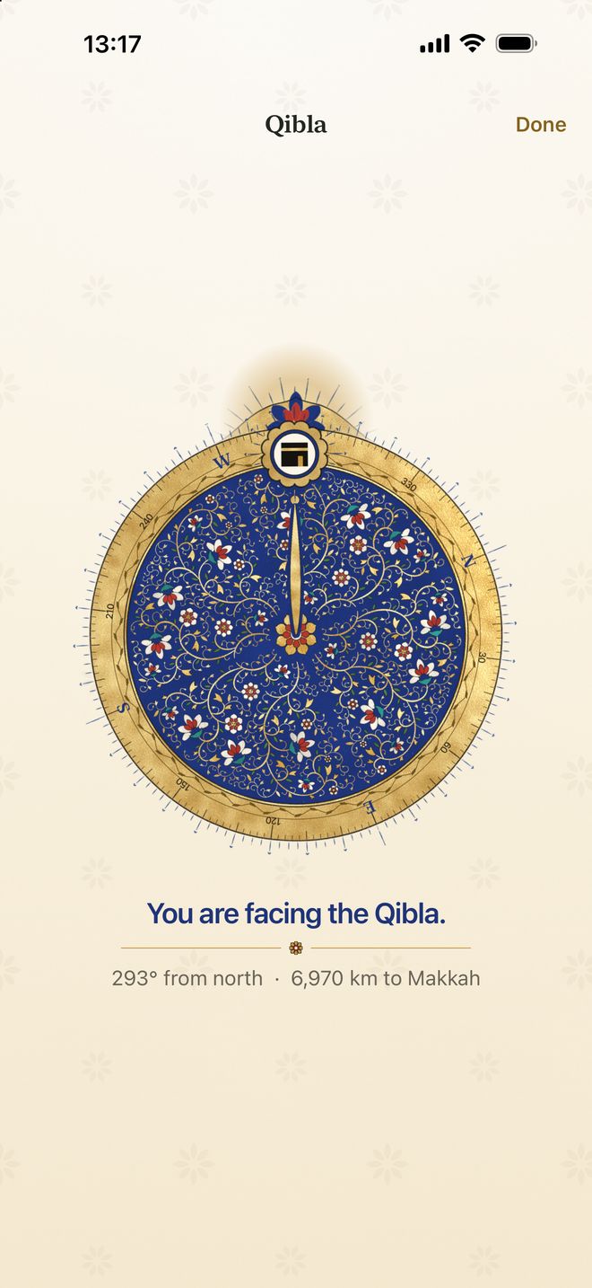 The qibla as a gold and blue astrolabe: You are facing the Qibla, 293 degrees from north, 6,970 km to Makkah