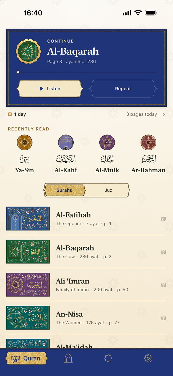 The Quran tab in Light: Continue with Al-Baqarah on a deep blue panel with Listen and Repeat, the surahs read lately as four round paintings, and the list of surahs