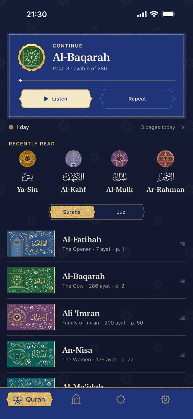The Quran tab in Dark, deep blue and gold: Continue with Al-Baqarah, the surahs read lately, and the list of surahs