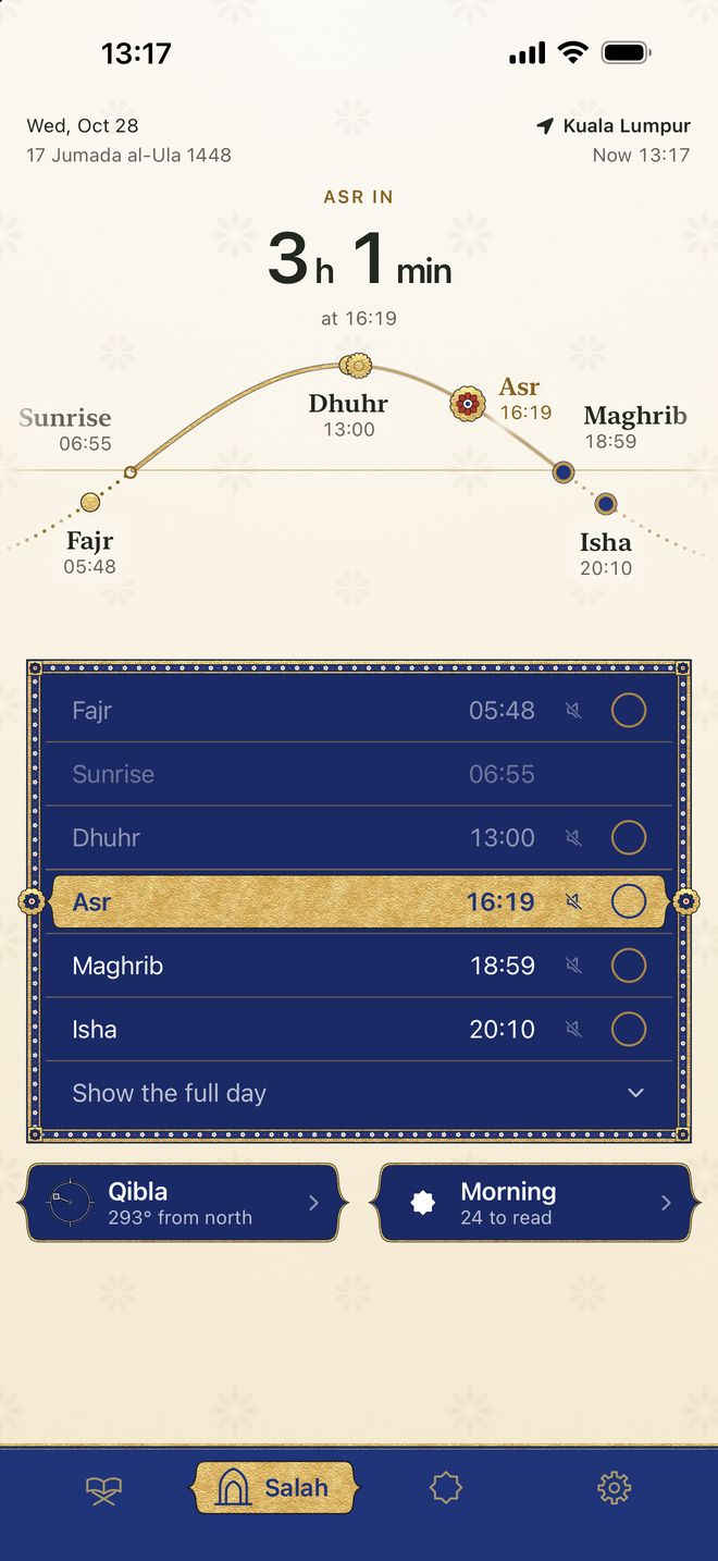 The Salah tab in Kuala Lumpur: Asr in 3 hours 1 minute, the path of the sun through the day in gold, and the prayer times